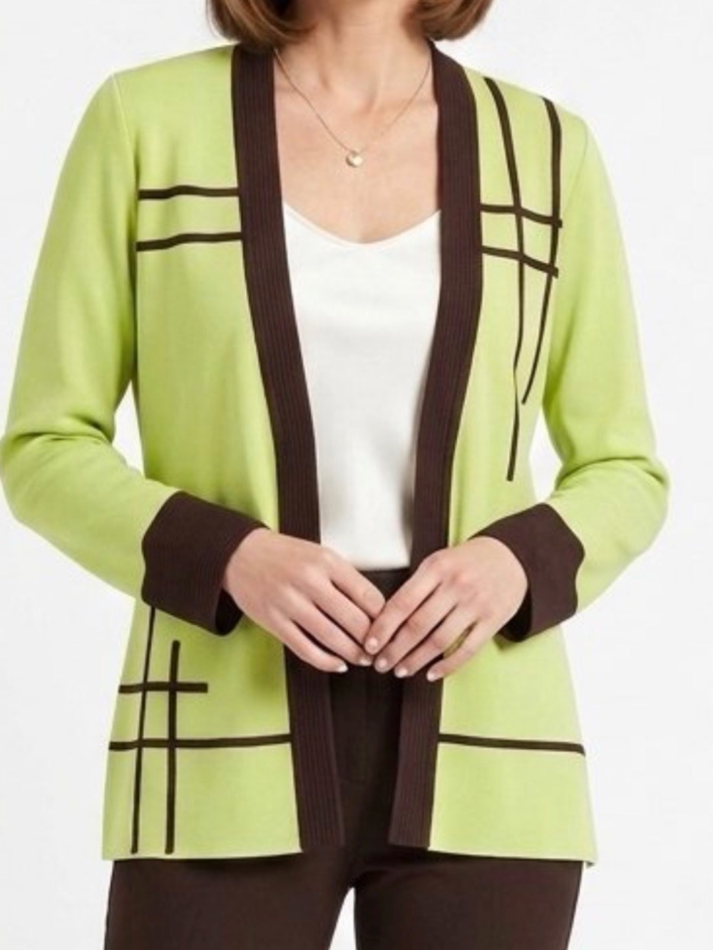 Exclusively Misook Women's Lime Green Cardigan Jacket with Brown Trim Sz-S. GG15